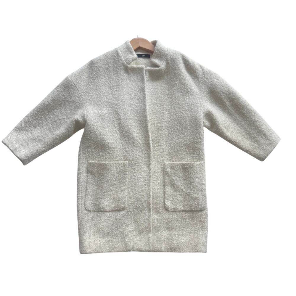 H&M Cream Boucle Open Front Coat Collarless Textured Longline Jacket